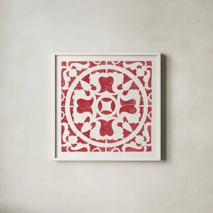 Hacienda Tile I Dark Red by Moira Hershey. Shown in a crisp white glass frame for a clean and minimalist style. Available as an archival giclee rolled canvas, fine art paper, or poster print. SKU 37020a.
