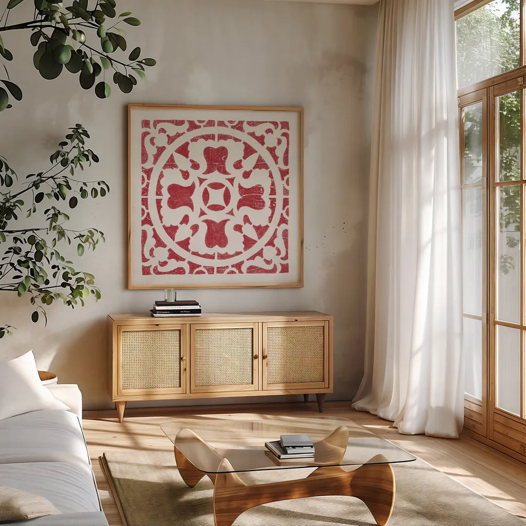 Hacienda Tile I Dark Red by Moira Hershey. Shown in a natural wood frame in a cozy modern living room. Available as an archival giclee rolled canvas, fine art paper, or poster print. SKU 37020a.