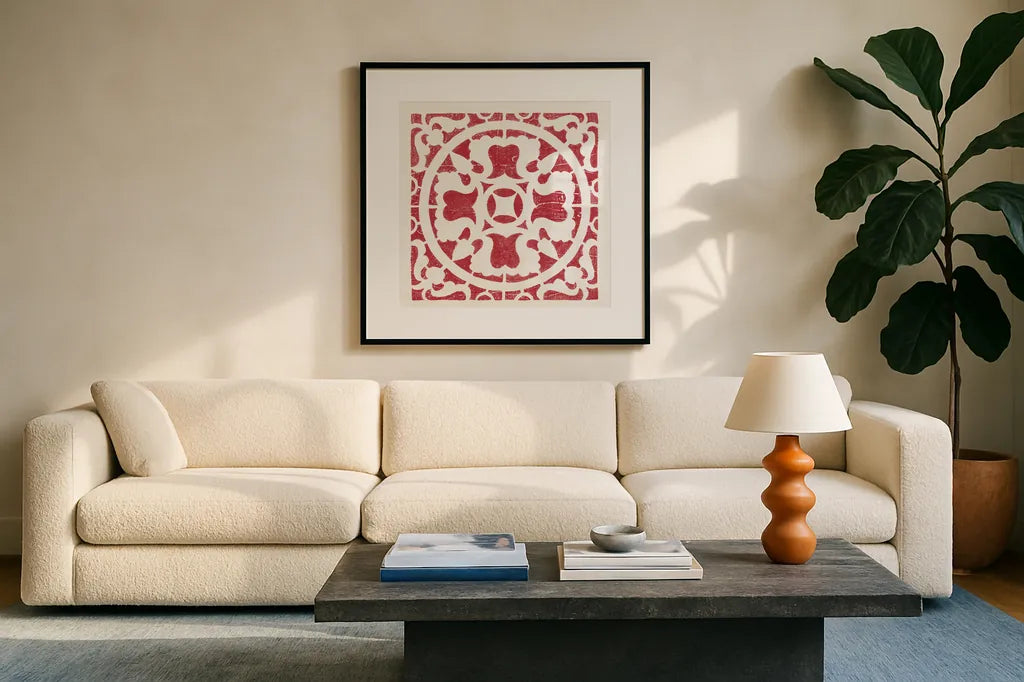Hacienda Tile I Dark Red by Moira Hershey. Displayed in a glass frame with matte in a clean modern living room. Available as an archival giclee rolled canvas, fine art paper, or poster print. SKU 37020a.