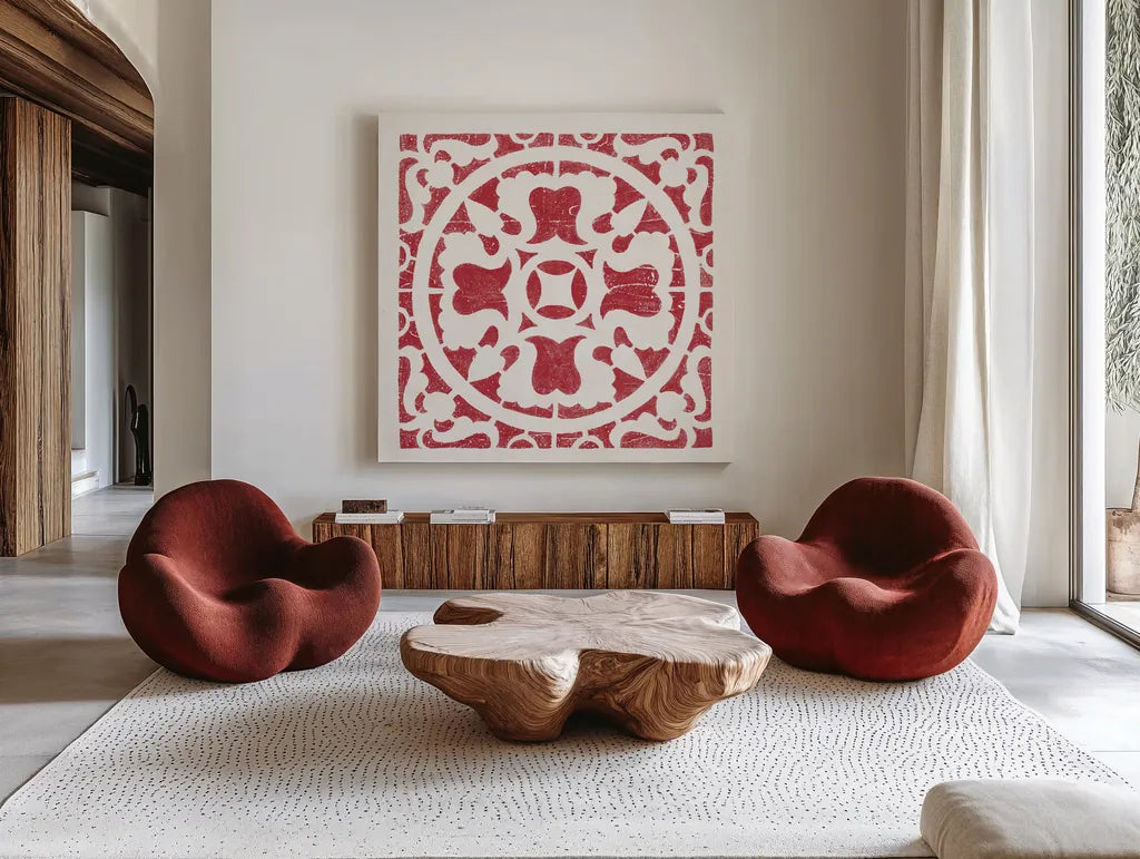 Hacienda Tile I Dark Red by Moira Hershey. Shown as extra-large giant wall art in a modern living room. Available as an archival giclee rolled canvas, fine art paper, or poster print. SKU 37020a.
