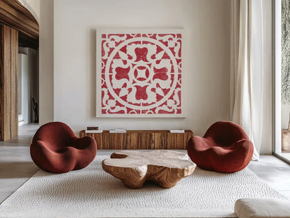 Hacienda Tile I Dark Red by Moira Hershey. Shown as extra-large giant wall art in a modern living room. Available as an archival giclee rolled canvas, fine art paper, or poster print. SKU 37020a.