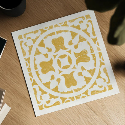 Hacienda Tile I Golden Yellow by Moira Hershey. Shown as a detailed flat fine art print, highlighting archival giclee quality. Available as an archival giclee rolled canvas, fine art paper, or poster print. SKU 59361a.