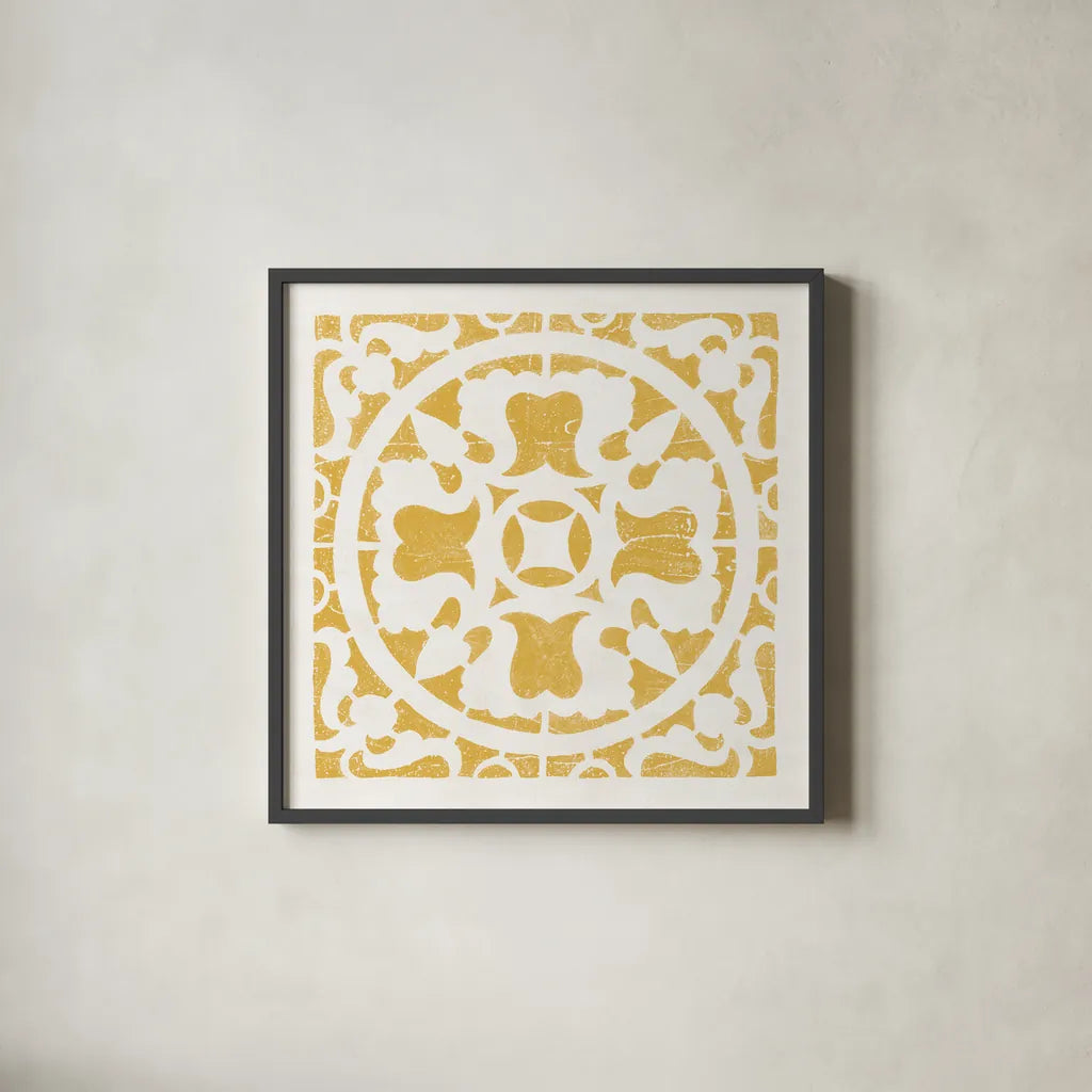 Hacienda Tile I Golden Yellow by Moira Hershey. Shown in a sleek black glass frame for a contemporary gallery look. Available as an archival giclee rolled canvas, fine art paper, or poster print. SKU 59361a.