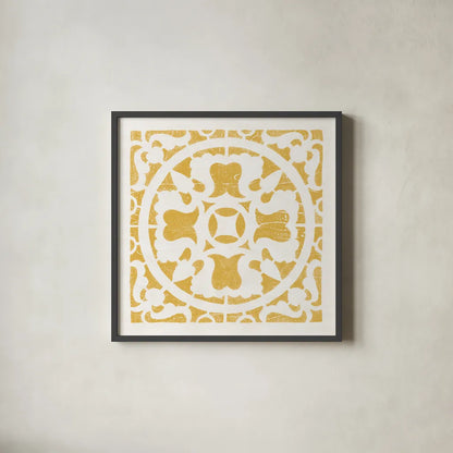 Hacienda Tile I Golden Yellow by Moira Hershey. Shown in a sleek black glass frame for a contemporary gallery look. Available as an archival giclee rolled canvas, fine art paper, or poster print. SKU 59361a.