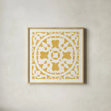 Hacienda Tile I Golden Yellow by Moira Hershey. Shown in a natural wood glass frame for a timeless modern aesthetic. Available as an archival giclee rolled canvas, fine art paper, or poster print. SKU 59361a.