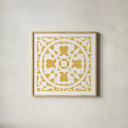 Hacienda Tile I Golden Yellow by Moira Hershey. Shown in a natural wood glass frame for a timeless modern aesthetic. Available as an archival giclee rolled canvas, fine art paper, or poster print. SKU 59361a.