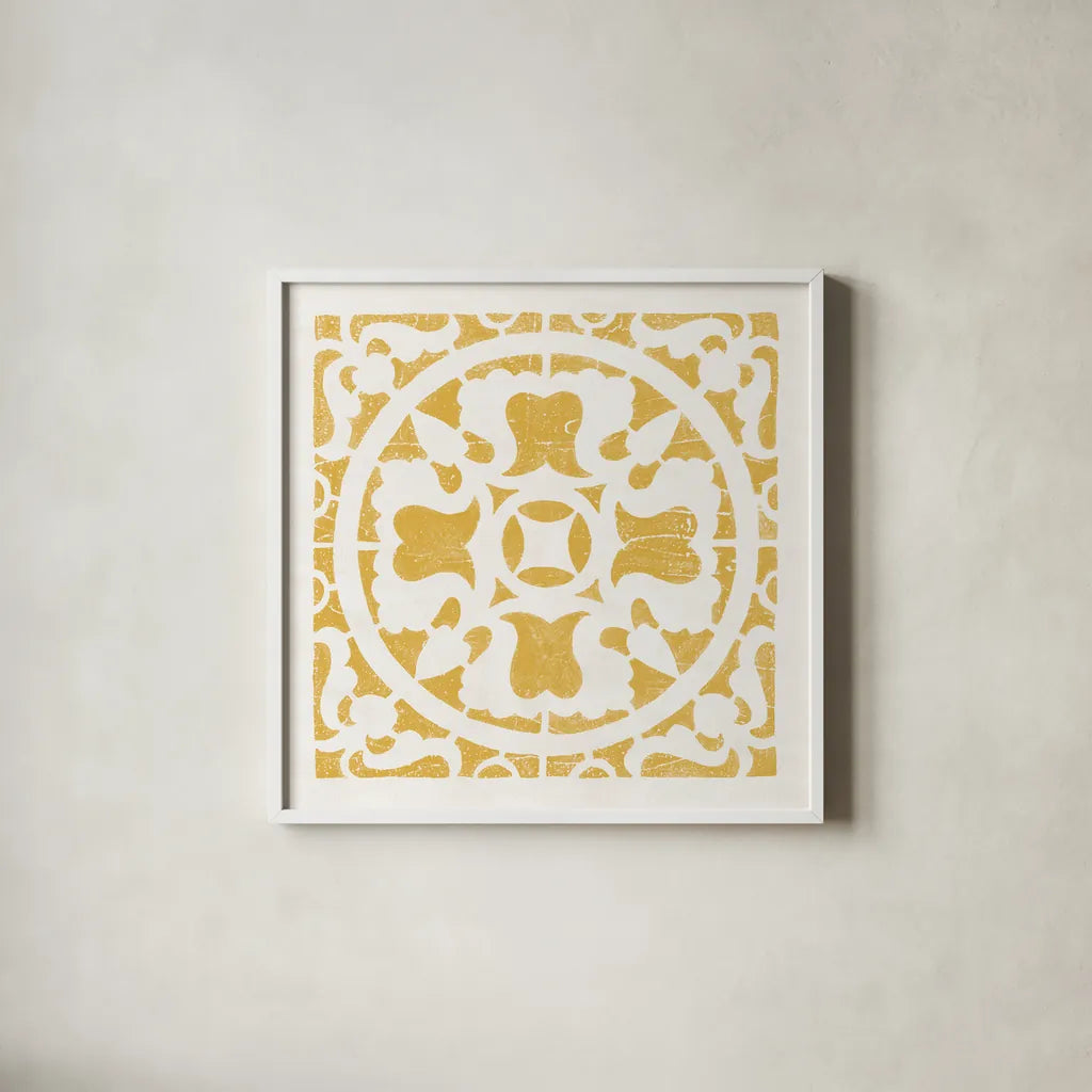Hacienda Tile I Golden Yellow by Moira Hershey. Shown in a crisp white glass frame for a clean and minimalist style. Available as an archival giclee rolled canvas, fine art paper, or poster print. SKU 59361a.