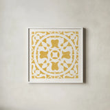 Hacienda Tile I Golden Yellow by Moira Hershey. Shown in a crisp white glass frame for a clean and minimalist style. Available as an archival giclee rolled canvas, fine art paper, or poster print. SKU 59361a.
