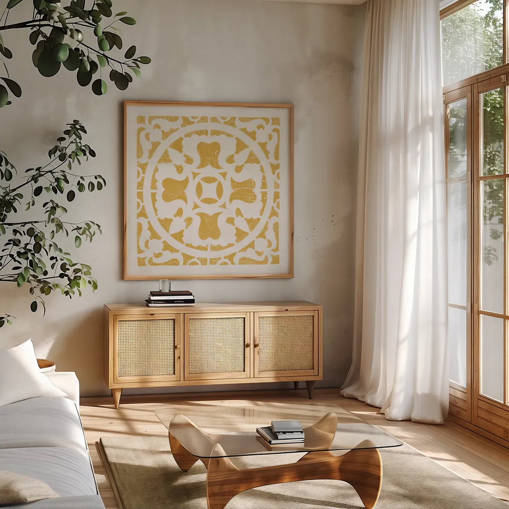 Hacienda Tile I Golden Yellow by Moira Hershey. Shown in a natural wood frame in a cozy modern living room. Available as an archival giclee rolled canvas, fine art paper, or poster print. SKU 59361a.