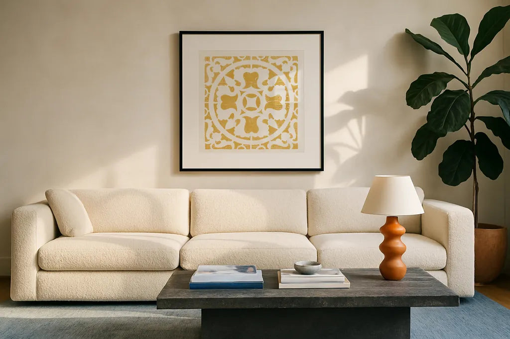 Hacienda Tile I Golden Yellow by Moira Hershey. Displayed in a glass frame with matte in a clean modern living room. Available as an archival giclee rolled canvas, fine art paper, or poster print. SKU 59361a.