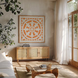 Hacienda Tile II by Moira Hershey. Shown in a natural wood frame in a cozy modern living room. Available as an archival giclee rolled canvas, fine art paper, or poster print. SKU 34520a.