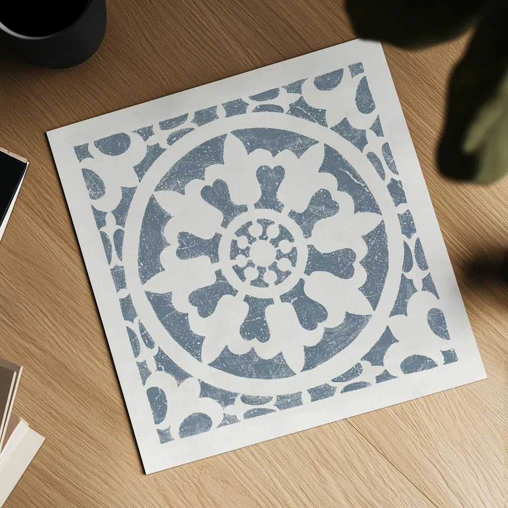 Hacienda Tile II Bluestone by Moira Hershey. Shown as a detailed flat fine art print, highlighting archival giclee quality. Available as an archival giclee rolled canvas, fine art paper, or poster print. SKU 59362a.