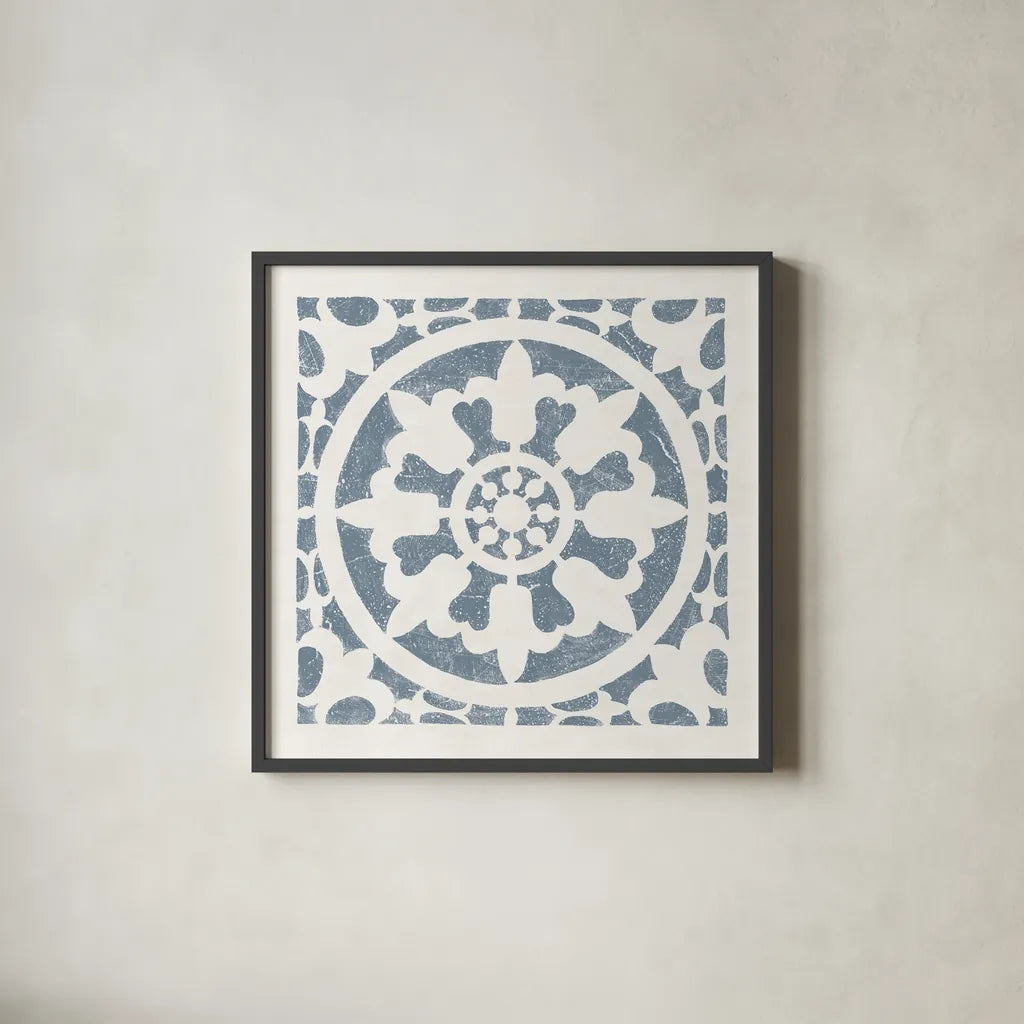 Hacienda Tile II Bluestone by Moira Hershey. Shown in a sleek black glass frame for a contemporary gallery look. Available as an archival giclee rolled canvas, fine art paper, or poster print. SKU 59362a.