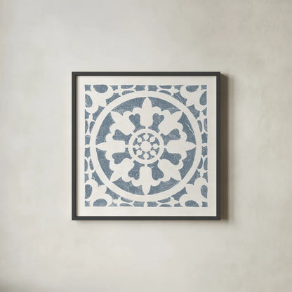 Hacienda Tile II Bluestone by Moira Hershey. Shown in a sleek black glass frame for a contemporary gallery look. Available as an archival giclee rolled canvas, fine art paper, or poster print. SKU 59362a.
