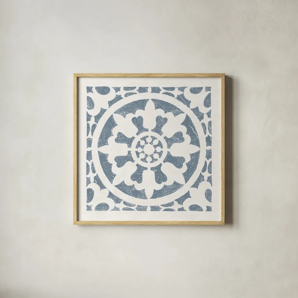 Hacienda Tile II Bluestone by Moira Hershey. Shown in a natural wood glass frame for a timeless modern aesthetic. Available as an archival giclee rolled canvas, fine art paper, or poster print. SKU 59362a.