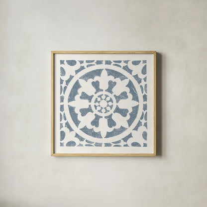Hacienda Tile II Bluestone by Moira Hershey. Shown in a natural wood glass frame for a timeless modern aesthetic. Available as an archival giclee rolled canvas, fine art paper, or poster print. SKU 59362a.