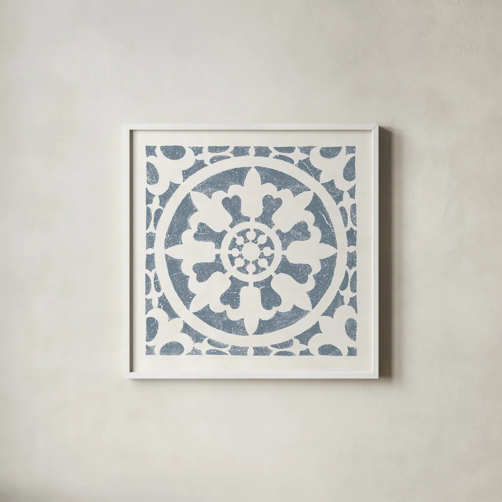 Hacienda Tile II Bluestone by Moira Hershey. Shown in a crisp white glass frame for a clean and minimalist style. Available as an archival giclee rolled canvas, fine art paper, or poster print. SKU 59362a.