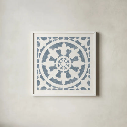 Hacienda Tile II Bluestone by Moira Hershey. Shown in a crisp white glass frame for a clean and minimalist style. Available as an archival giclee rolled canvas, fine art paper, or poster print. SKU 59362a.