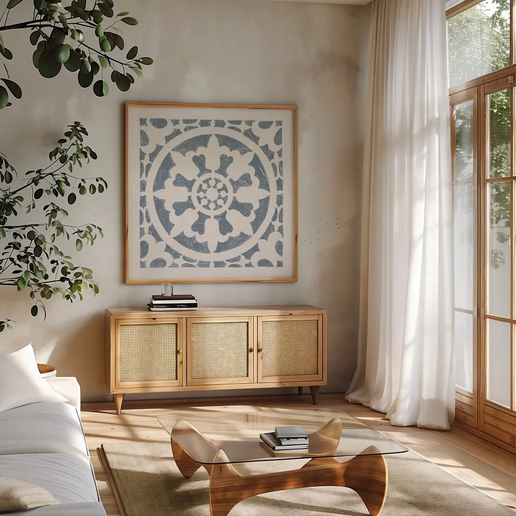 Hacienda Tile II Bluestone by Moira Hershey. Shown in a natural wood frame in a cozy modern living room. Available as an archival giclee rolled canvas, fine art paper, or poster print. SKU 59362a.