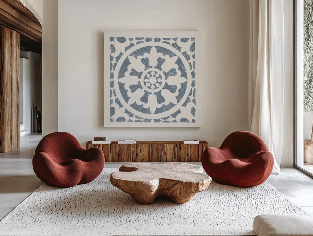 Hacienda Tile II Bluestone by Moira Hershey. Shown as extra-large giant wall art in a modern living room. Available as an archival giclee rolled canvas, fine art paper, or poster print. SKU 59362a.