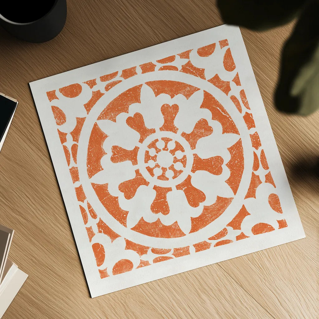 Hacienda Tile II Bright Orange by Moira Hershey. Shown as a detailed flat fine art print, highlighting archival giclee quality. Available as an archival giclee rolled canvas, fine art paper, or poster print. SKU 37021a.