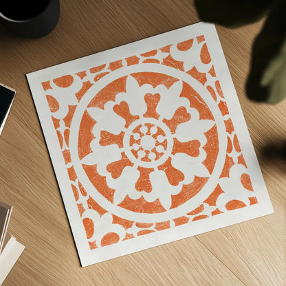 Hacienda Tile II Bright Orange by Moira Hershey. Shown as a detailed flat fine art print, highlighting archival giclee quality. Available as an archival giclee rolled canvas, fine art paper, or poster print. SKU 37021a.