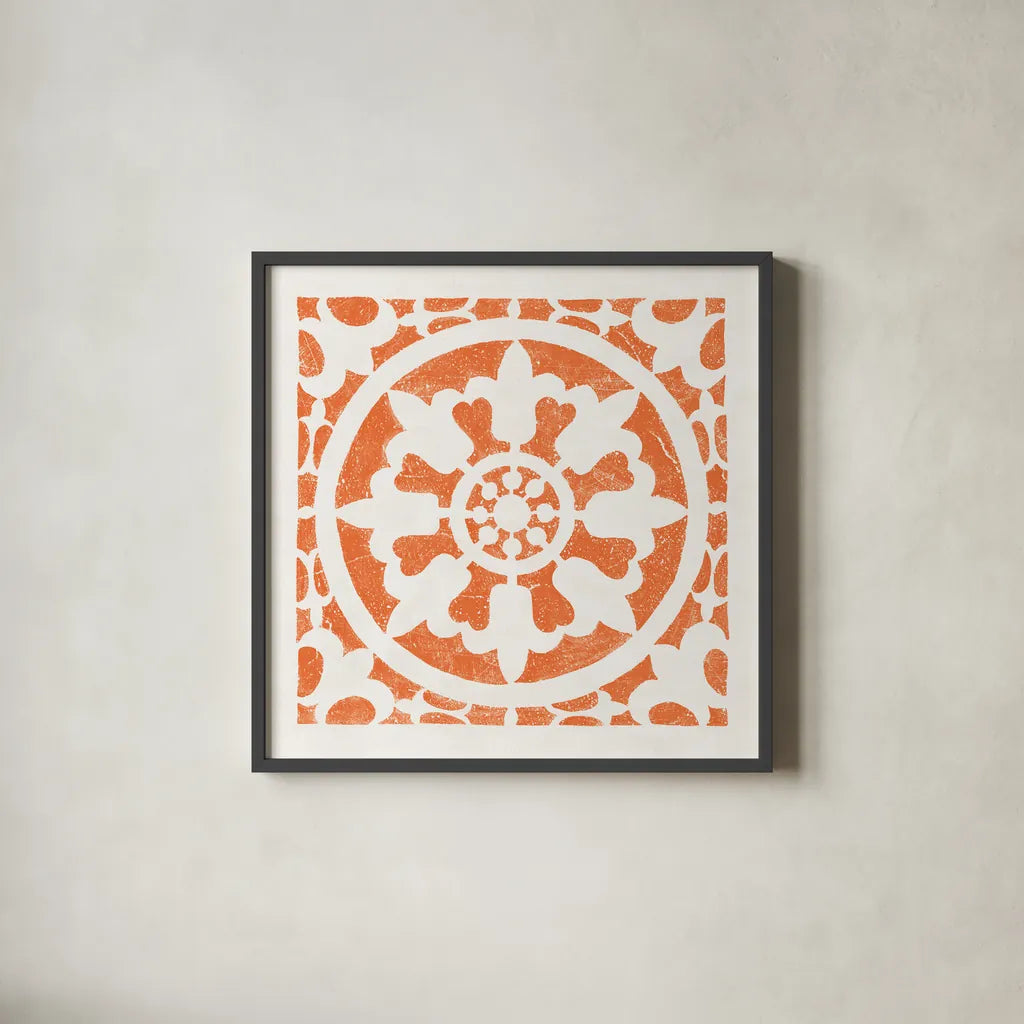 Hacienda Tile II Bright Orange by Moira Hershey. Shown in a sleek black glass frame for a contemporary gallery look. Available as an archival giclee rolled canvas, fine art paper, or poster print. SKU 37021a.