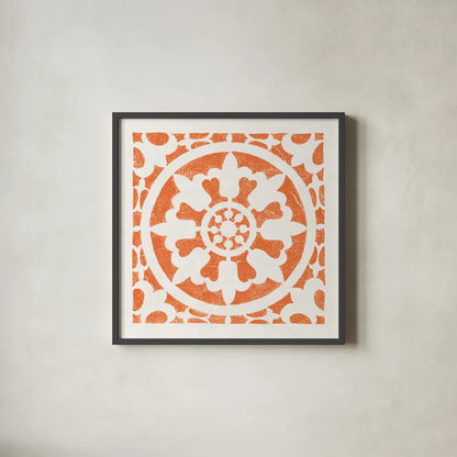 Hacienda Tile II Bright Orange by Moira Hershey. Shown in a sleek black glass frame for a contemporary gallery look. Available as an archival giclee rolled canvas, fine art paper, or poster print. SKU 37021a.