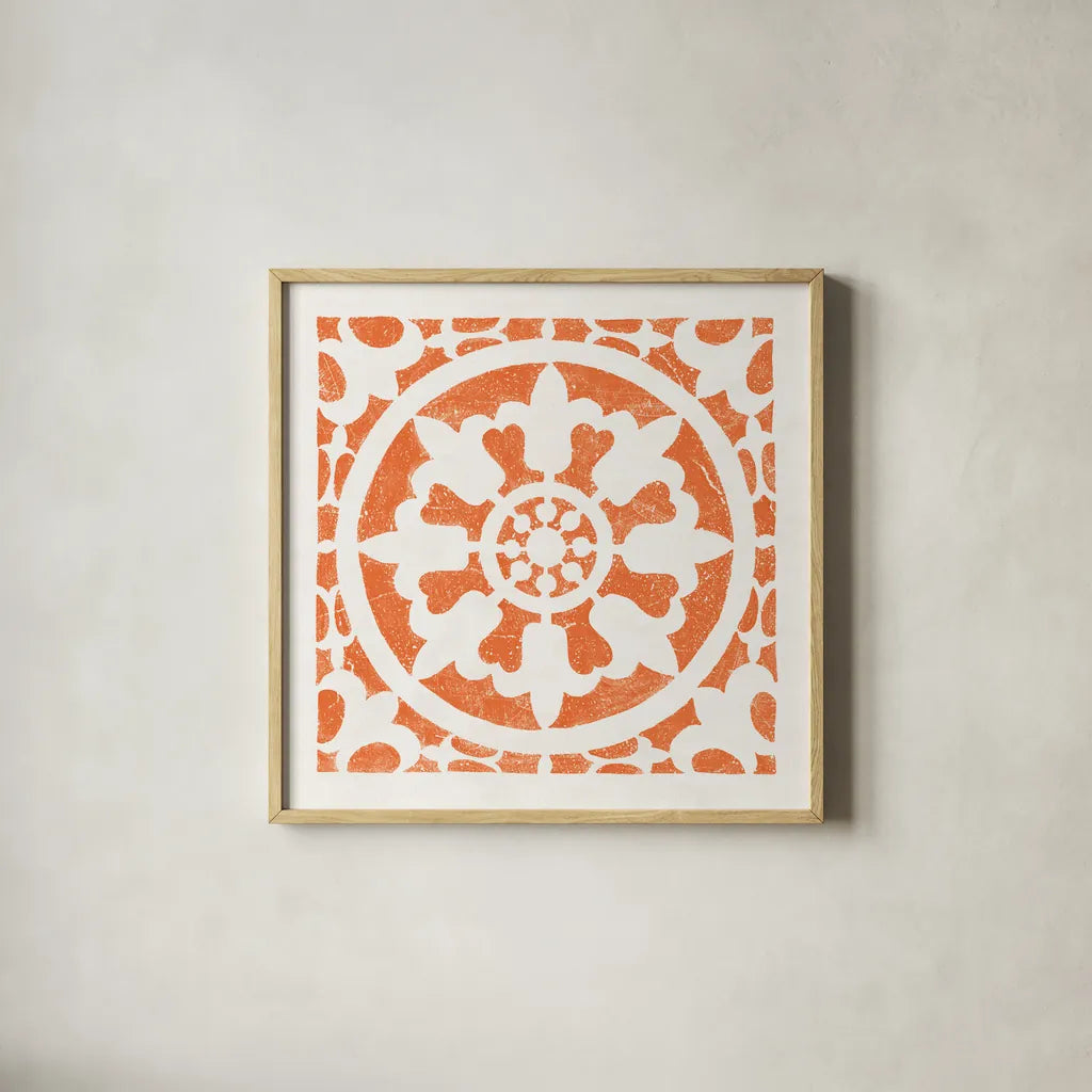 Hacienda Tile II Bright Orange by Moira Hershey. Shown in a natural wood glass frame for a timeless modern aesthetic. Available as an archival giclee rolled canvas, fine art paper, or poster print. SKU 37021a.