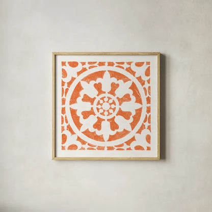 Hacienda Tile II Bright Orange by Moira Hershey. Shown in a natural wood glass frame for a timeless modern aesthetic. Available as an archival giclee rolled canvas, fine art paper, or poster print. SKU 37021a.