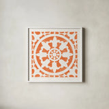Hacienda Tile II Bright Orange by Moira Hershey. Shown in a crisp white glass frame for a clean and minimalist style. Available as an archival giclee rolled canvas, fine art paper, or poster print. SKU 37021a.