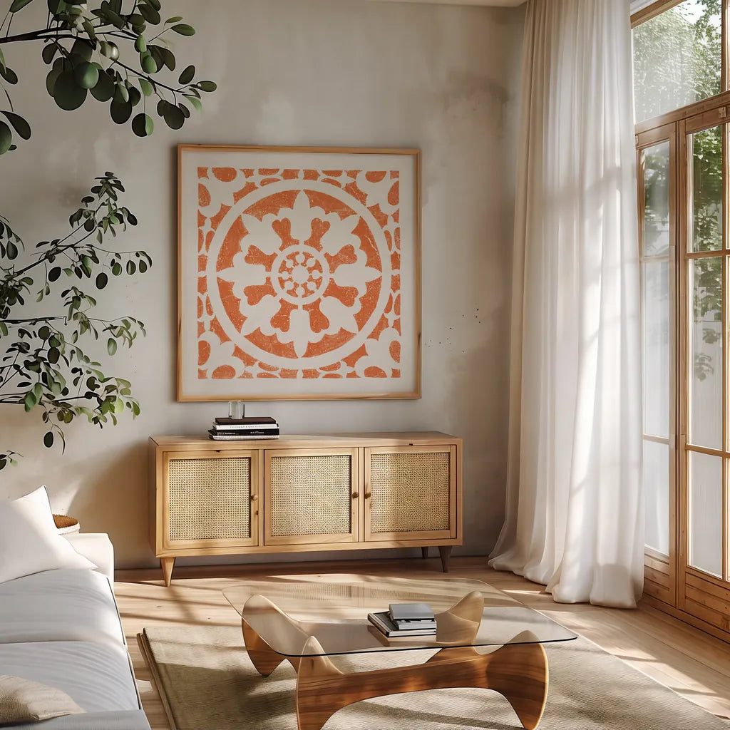Hacienda Tile II Bright Orange by Moira Hershey. Shown in a natural wood frame in a cozy modern living room. Available as an archival giclee rolled canvas, fine art paper, or poster print. SKU 37021a.