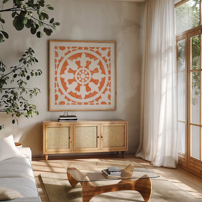 Hacienda Tile II Bright Orange by Moira Hershey. Shown in a natural wood frame in a cozy modern living room. Available as an archival giclee rolled canvas, fine art paper, or poster print. SKU 37021a.