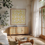 Hacienda Tile III by Moira Hershey. Shown in a natural wood frame in a cozy modern living room. Available as an archival giclee rolled canvas, fine art paper, or poster print. SKU 34521a.