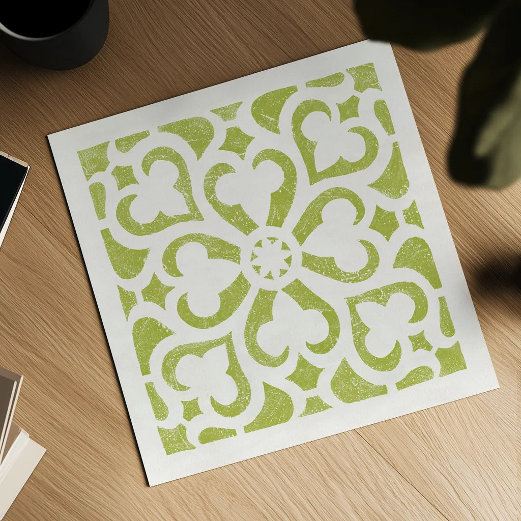 Hacienda Tile III Lime Green by Moira Hershey. Shown as a detailed flat fine art print, highlighting archival giclee quality. Available as an archival giclee rolled canvas, fine art paper, or poster print. SKU 37022a.