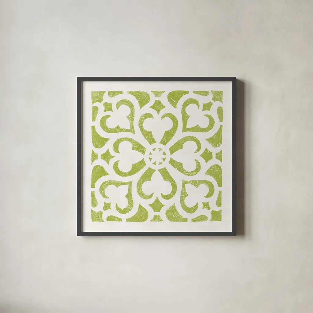 Hacienda Tile III Lime Green by Moira Hershey. Shown in a sleek black glass frame for a contemporary gallery look. Available as an archival giclee rolled canvas, fine art paper, or poster print. SKU 37022a.