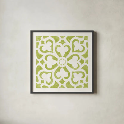 Hacienda Tile III Lime Green by Moira Hershey. Shown in a sleek black glass frame for a contemporary gallery look. Available as an archival giclee rolled canvas, fine art paper, or poster print. SKU 37022a.