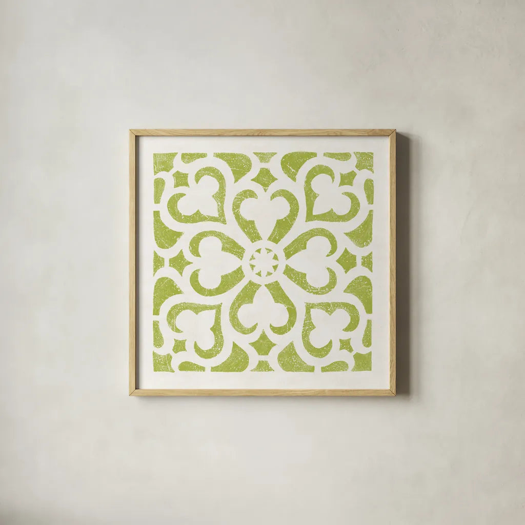 Hacienda Tile III Lime Green by Moira Hershey. Shown in a natural wood glass frame for a timeless modern aesthetic. Available as an archival giclee rolled canvas, fine art paper, or poster print. SKU 37022a.