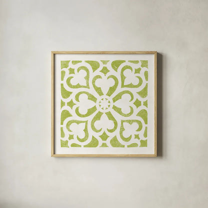 Hacienda Tile III Lime Green by Moira Hershey. Shown in a natural wood glass frame for a timeless modern aesthetic. Available as an archival giclee rolled canvas, fine art paper, or poster print. SKU 37022a.