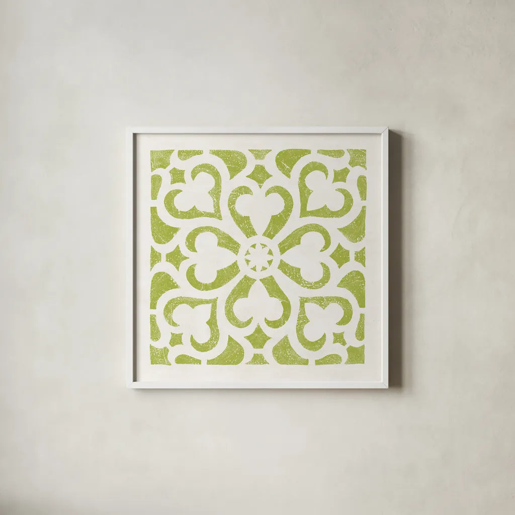 Hacienda Tile III Lime Green by Moira Hershey. Shown in a crisp white glass frame for a clean and minimalist style. Available as an archival giclee rolled canvas, fine art paper, or poster print. SKU 37022a.