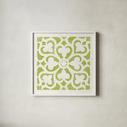 Hacienda Tile III Lime Green by Moira Hershey. Shown in a crisp white glass frame for a clean and minimalist style. Available as an archival giclee rolled canvas, fine art paper, or poster print. SKU 37022a.