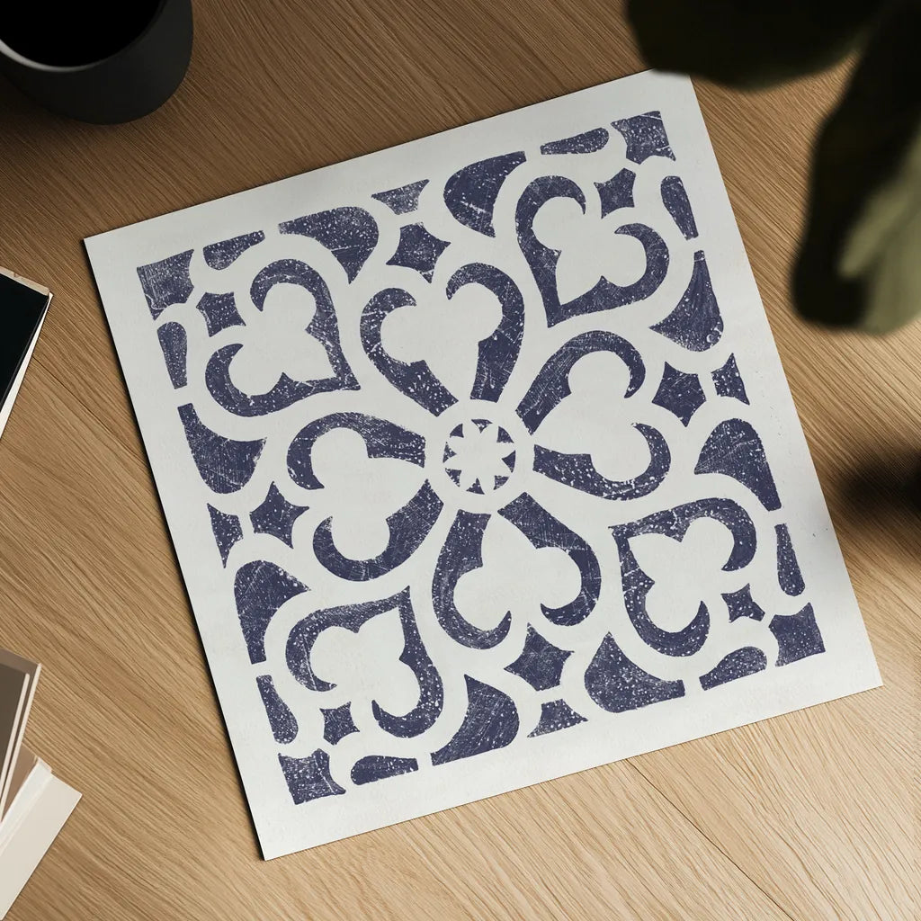 Hacienda Tile III Navy by Moira Hershey. Shown as a detailed flat fine art print, highlighting archival giclee quality. Available as an archival giclee rolled canvas, fine art paper, or poster print. SKU 59363a.