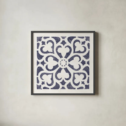 Hacienda Tile III Navy by Moira Hershey. Shown in a sleek black glass frame for a contemporary gallery look. Available as an archival giclee rolled canvas, fine art paper, or poster print. SKU 59363a.