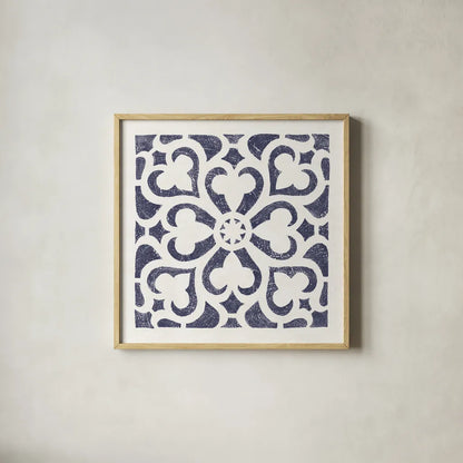 Hacienda Tile III Navy by Moira Hershey. Shown in a natural wood glass frame for a timeless modern aesthetic. Available as an archival giclee rolled canvas, fine art paper, or poster print. SKU 59363a.