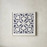 Hacienda Tile III Navy by Moira Hershey. Shown in a crisp white glass frame for a clean and minimalist style. Available as an archival giclee rolled canvas, fine art paper, or poster print. SKU 59363a.