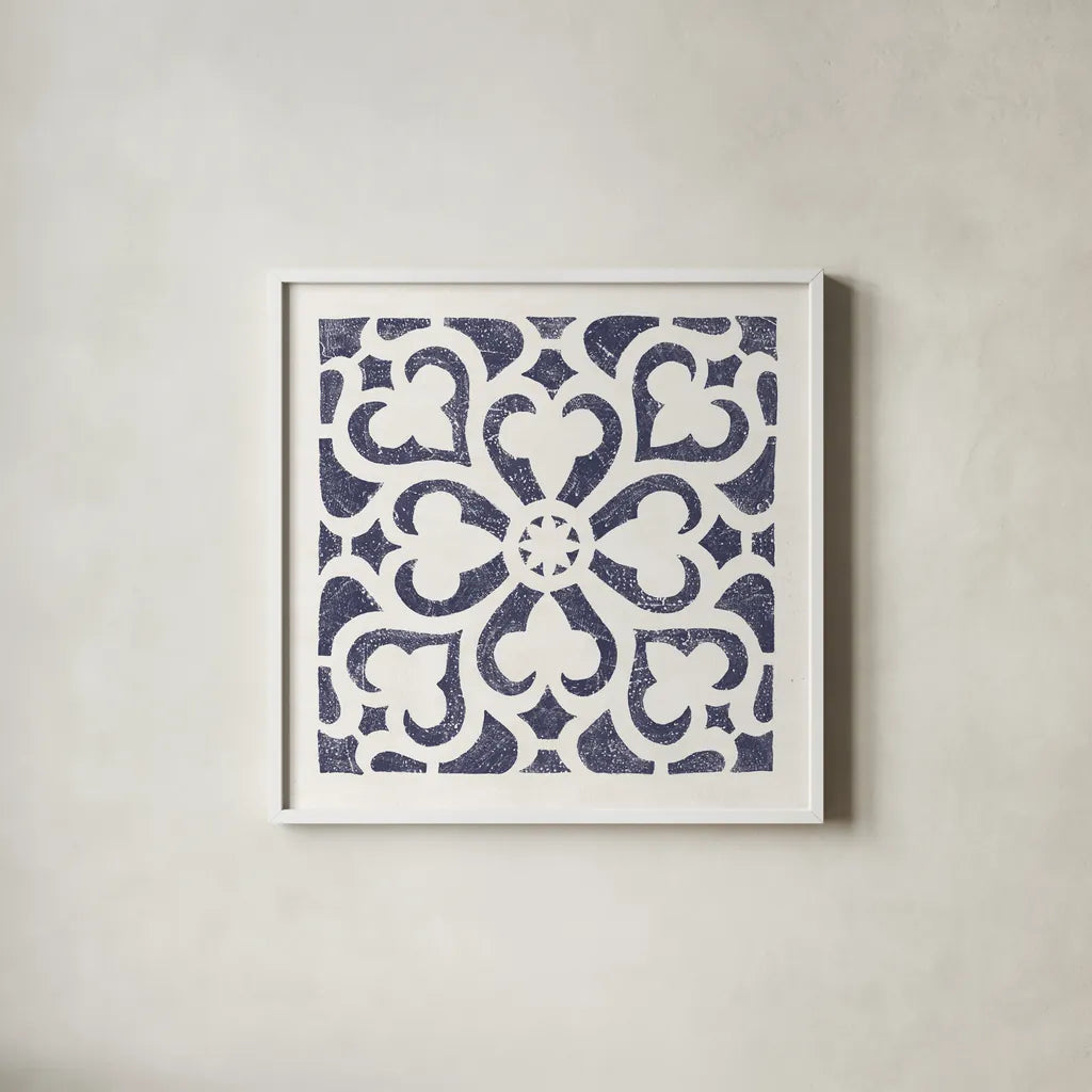 Hacienda Tile III Navy by Moira Hershey. Shown in a crisp white glass frame for a clean and minimalist style. Available as an archival giclee rolled canvas, fine art paper, or poster print. SKU 59363a.