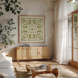 Hacienda Tile IV by Moira Hershey. Shown in a natural wood frame in a cozy modern living room. Available as an archival giclee rolled canvas, fine art paper, or poster print. SKU 34522a.