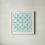 Hacienda Tile V by Moira Hershey. Shown in a crisp white glass frame for a clean and minimalist style. Available as an archival giclee rolled canvas, fine art paper, or poster print. SKU 34523a.