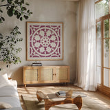 Hacienda Tile VI by Moira Hershey. Shown in a natural wood frame in a cozy modern living room. Available as an archival giclee rolled canvas, fine art paper, or poster print. SKU 34524a.