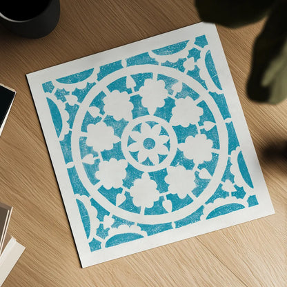 Hacienda Tile VI Turquoise by Moira Hershey. Shown as a detailed flat fine art print, highlighting archival giclee quality. Available as an archival giclee rolled canvas, fine art paper, or poster print. SKU 37023a.